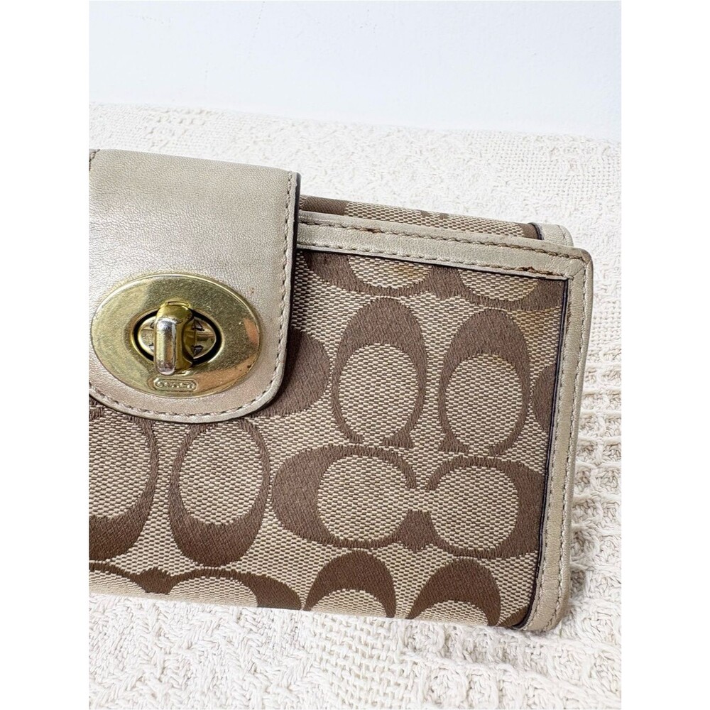 Coach Gold Signature Turnlock Wallet F43609 Khaki Metallic Long Clutch - Picture 2 of 7